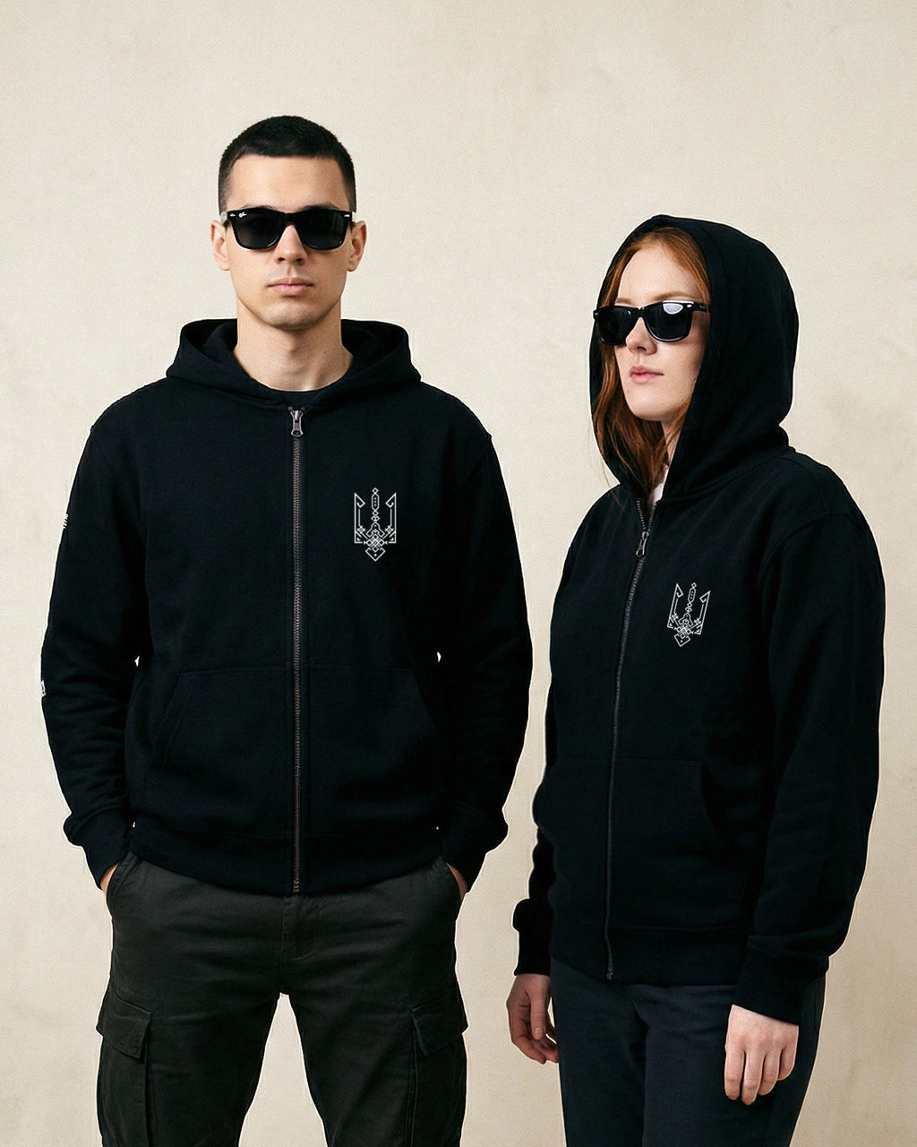 Trident Black Zip Hoodie – Chest and Sleeve Prints