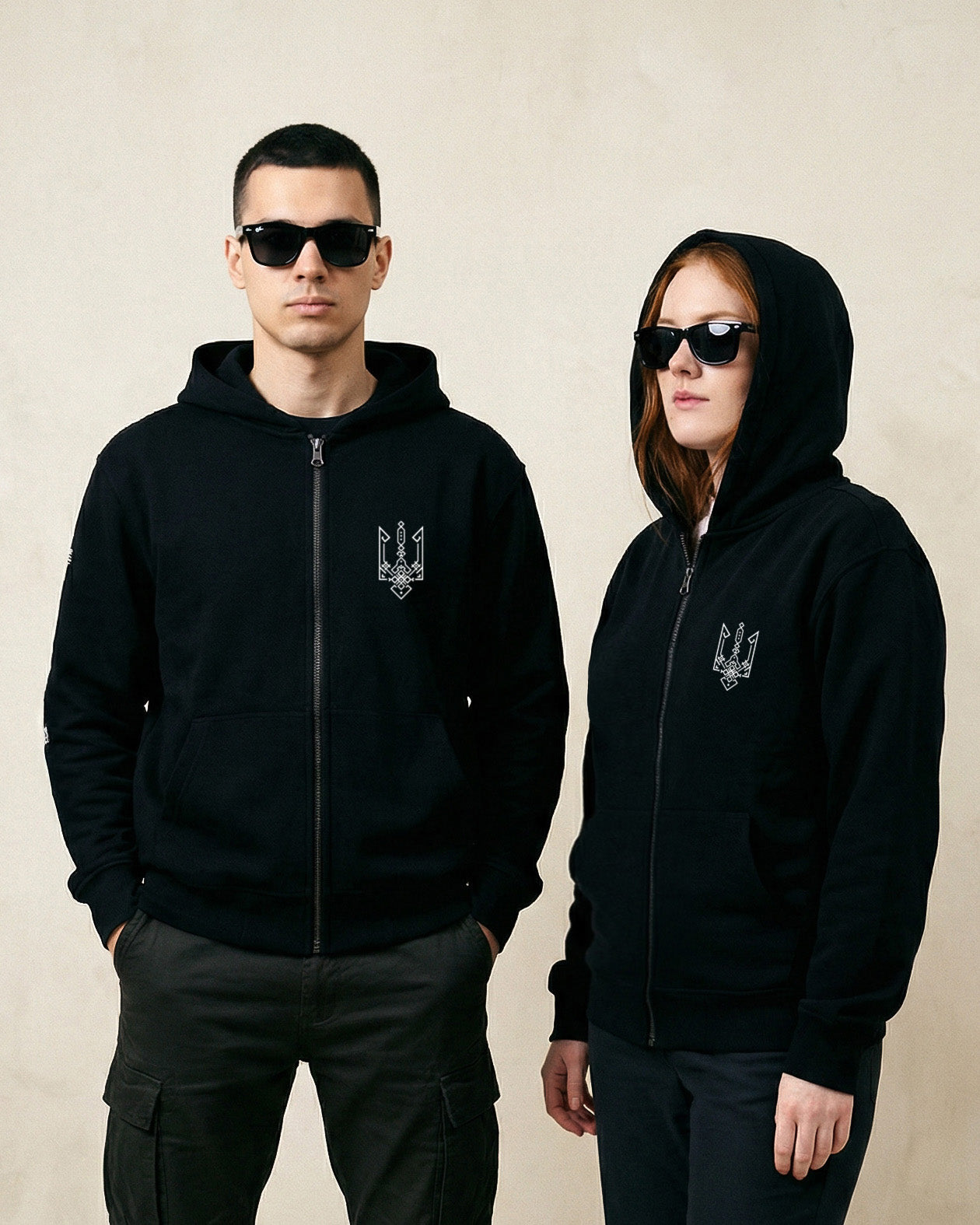 Trident Black Zip Hoodie – Chest and Sleeve Prints