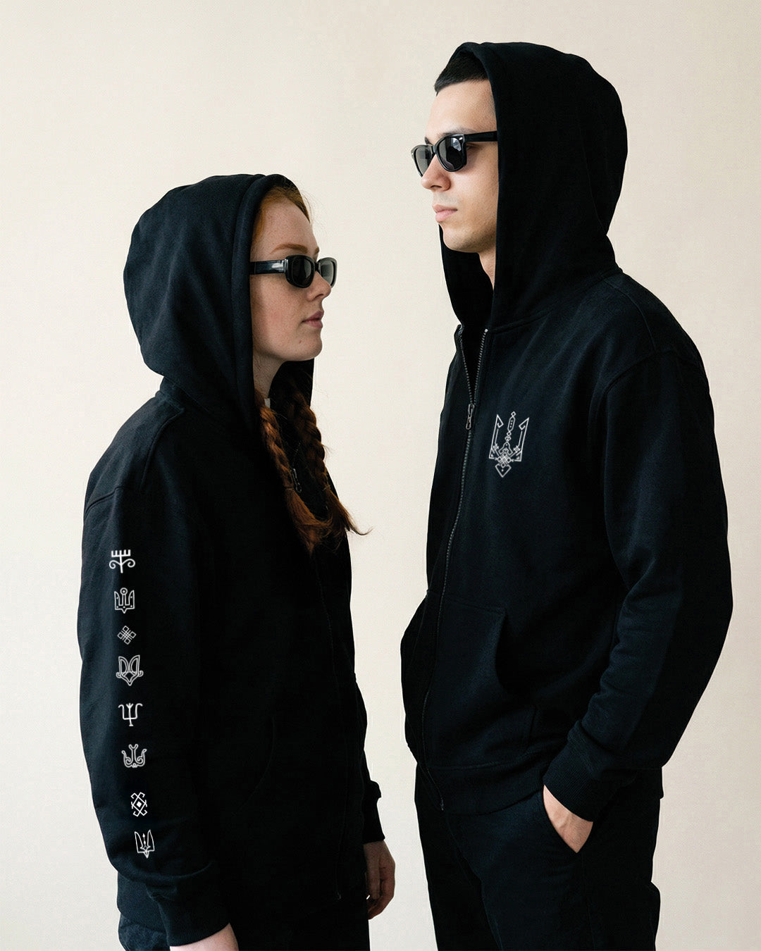 Trident Black Zip Hoodie – Chest and Sleeve Prints
