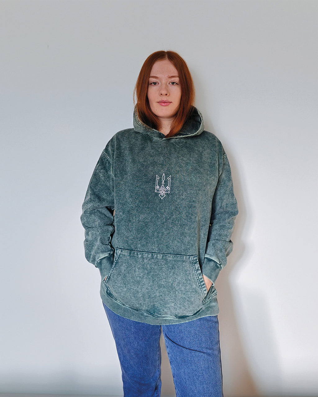 Geometric Tryzub Heavyweight Hoodie — Emerald Green Vintage Wash