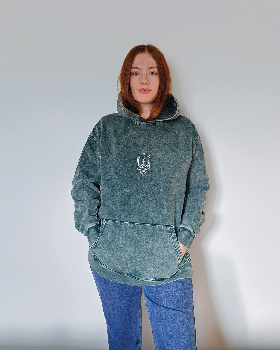 Geometric Tryzub Heavyweight Hoodie — Emerald Green Vintage Wash