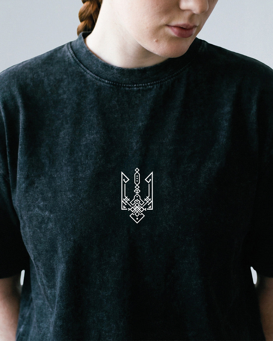 Geometric Tryzub Graphic Acid-Wash T-Shirt