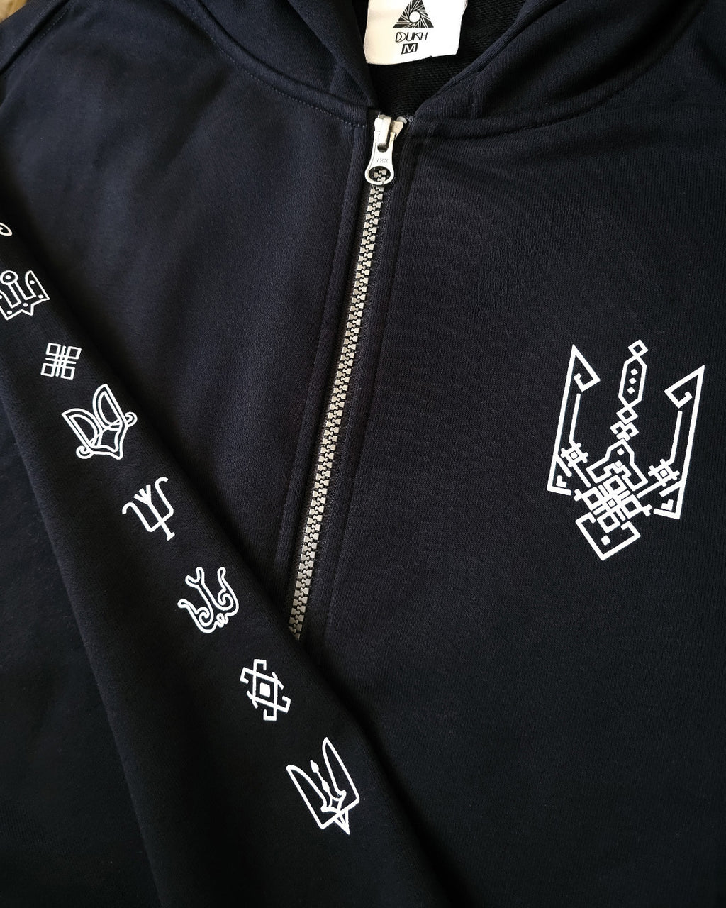 Trident Black Zip Hoodie – Chest and Sleeve Prints