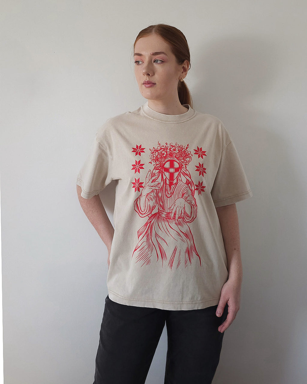 Red Motanka Graphic T-Shirt — Washed Ivory