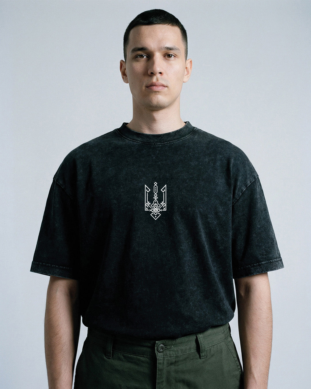 Geometric Tryzub Graphic Acid-Wash T-Shirt