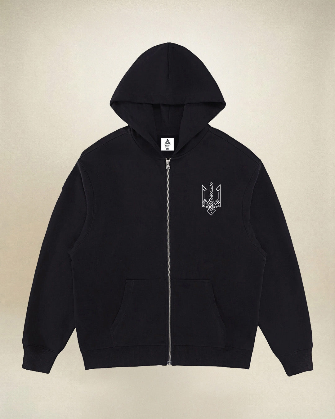 Trident Black Zip Hoodie – Chest and Sleeve Prints