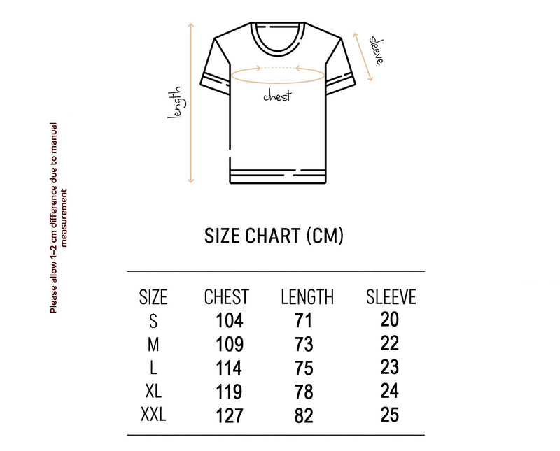 Size chart for Four Queens T-shirt – Two-Sided Print – Faded Coffee