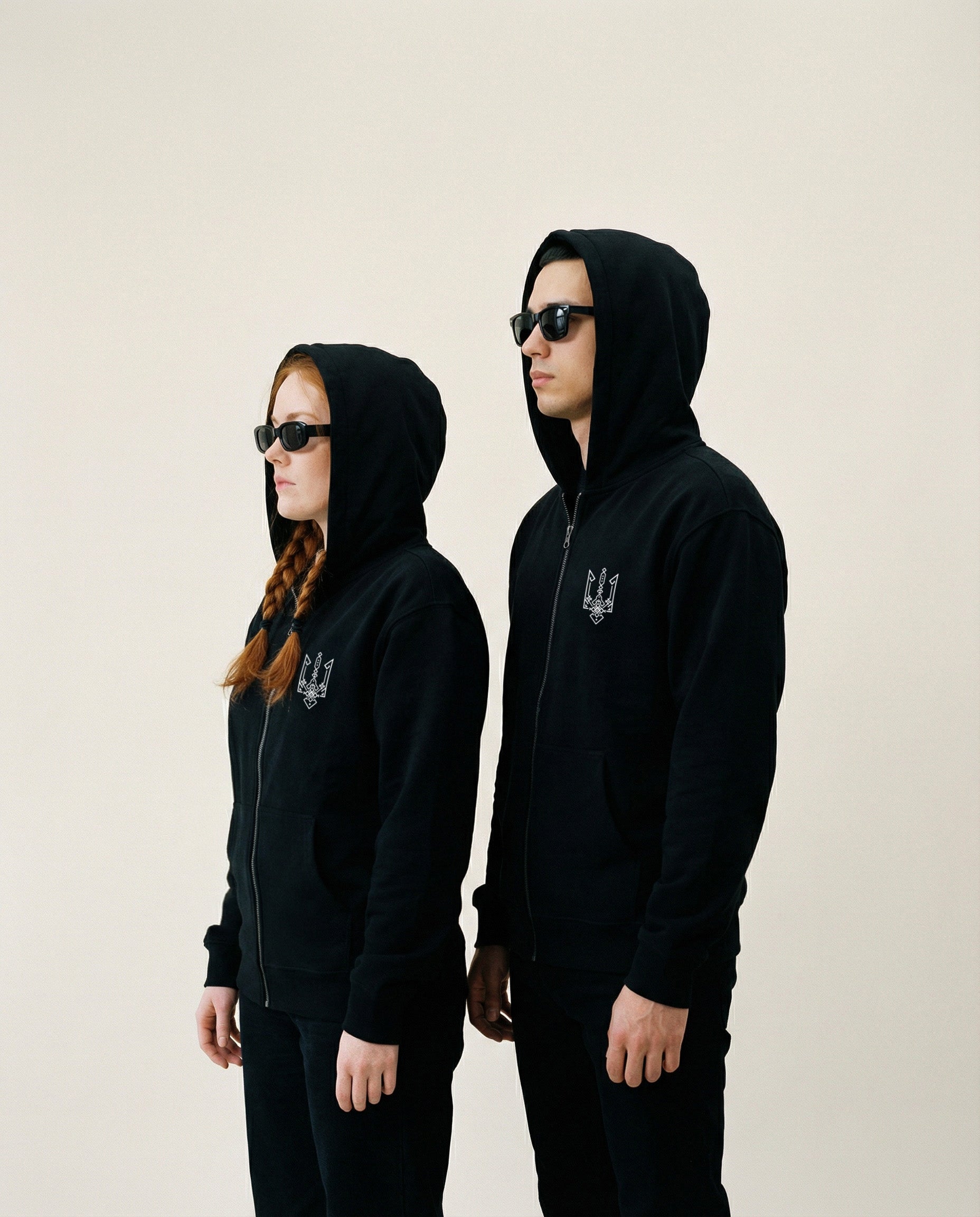 Trident Black Zip Hoodie – Chest and Sleeve Prints