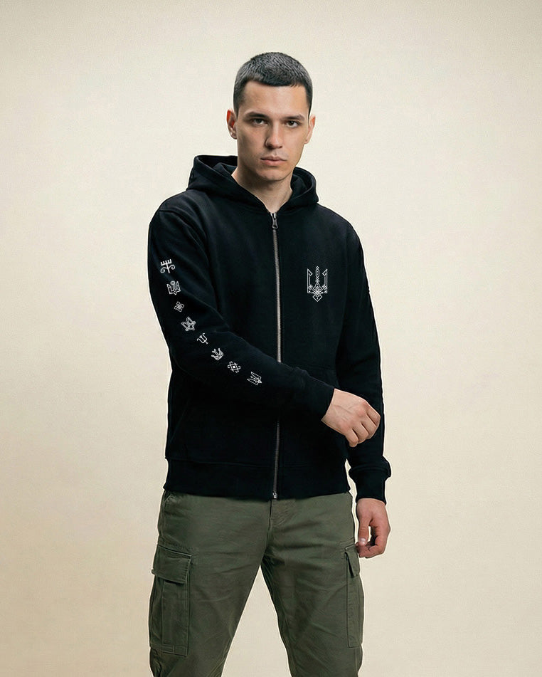 Trident Black Zip Hoodie – Chest and Sleeve Prints