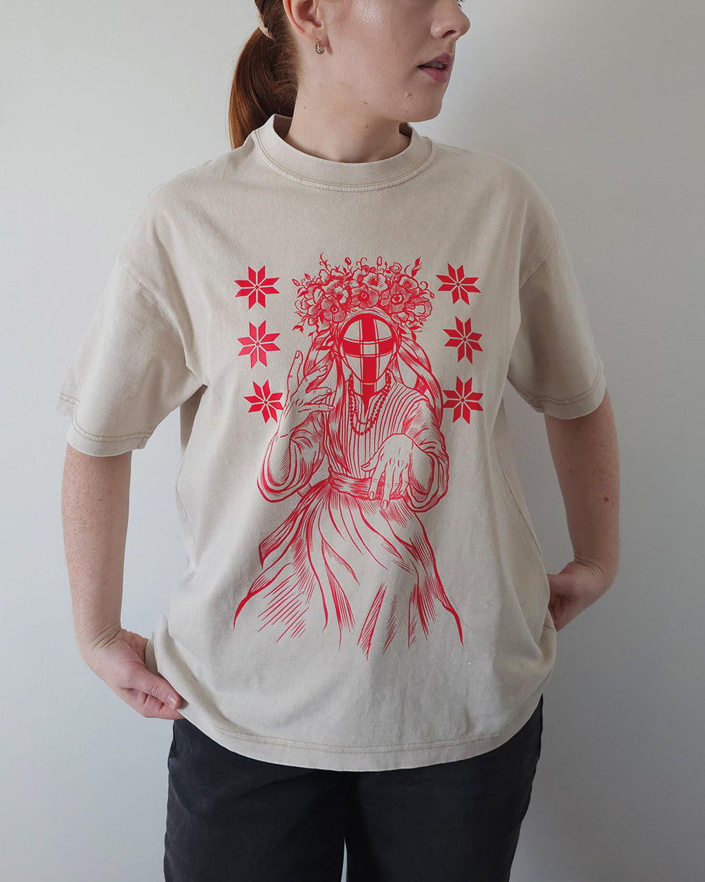 Red Motanka Graphic T-Shirt — Washed Ivory