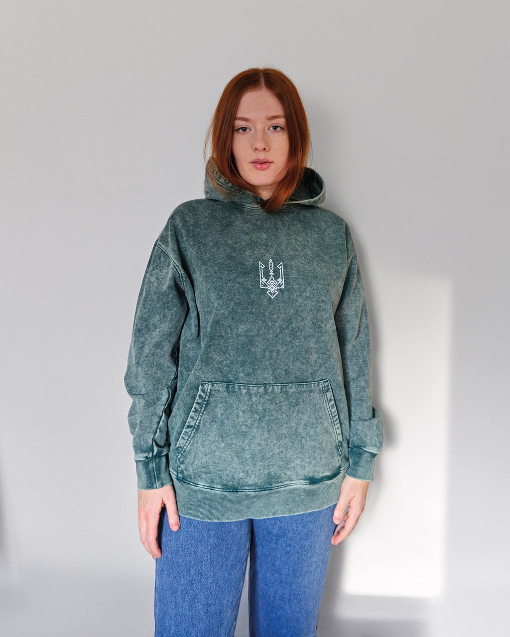 Geometric Tryzub Heavyweight Hoodie — Emerald Green Vintage Wash
