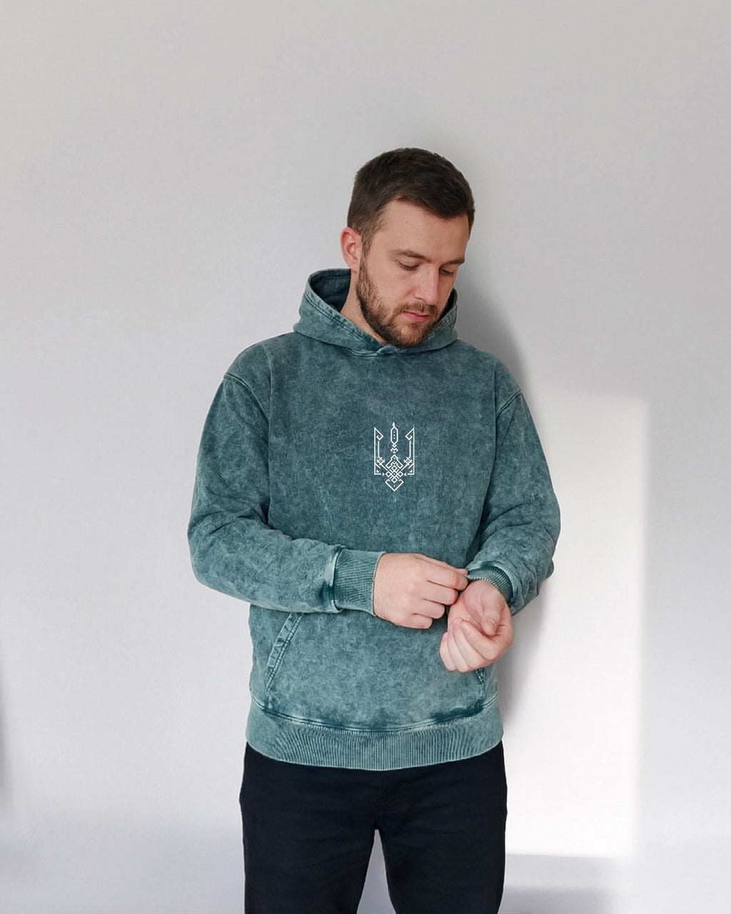 Geometric Tryzub Heavyweight Hoodie — Emerald Green Vintage Wash