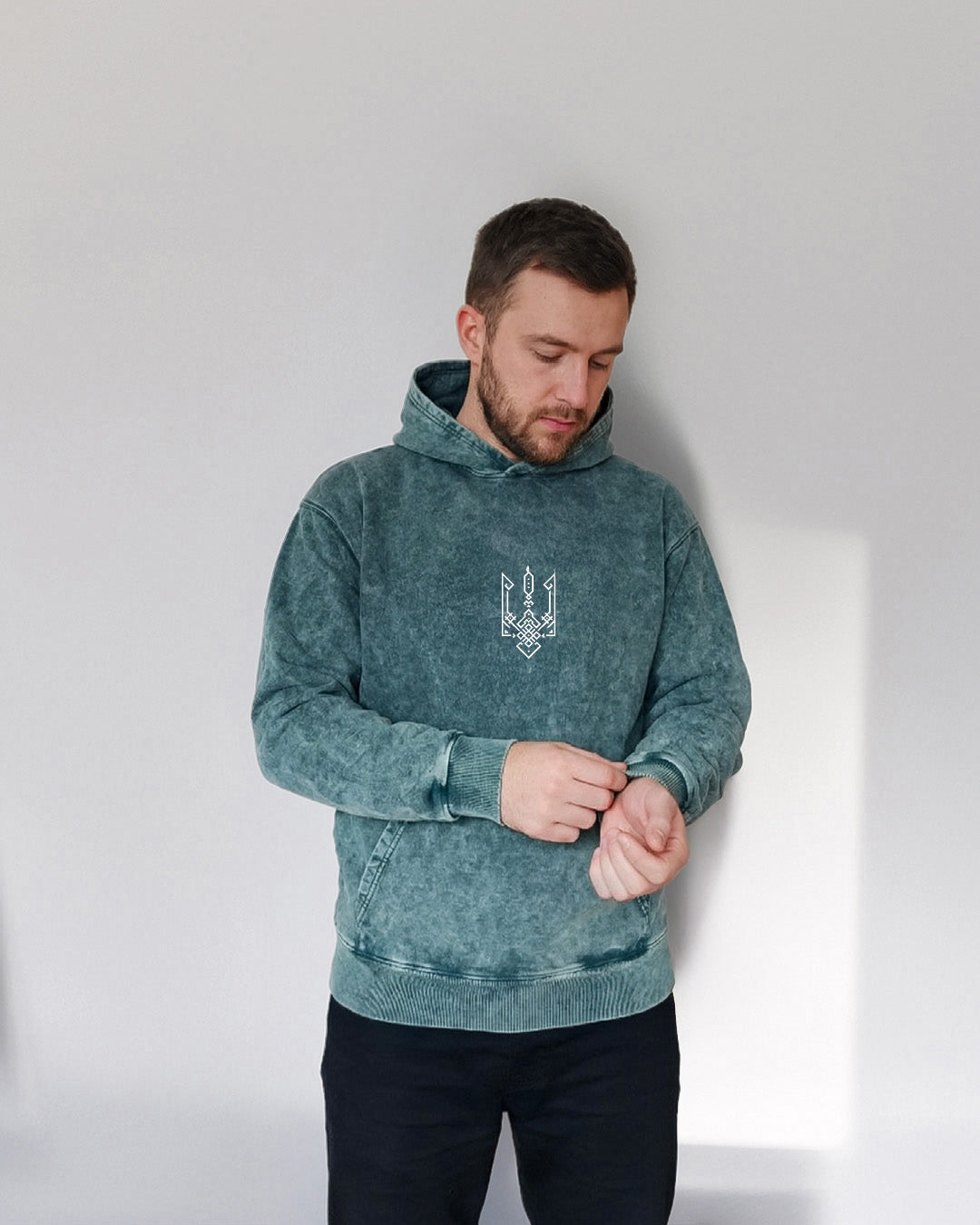 Geometric Tryzub Heavyweight Hoodie — Emerald Green Vintage Wash