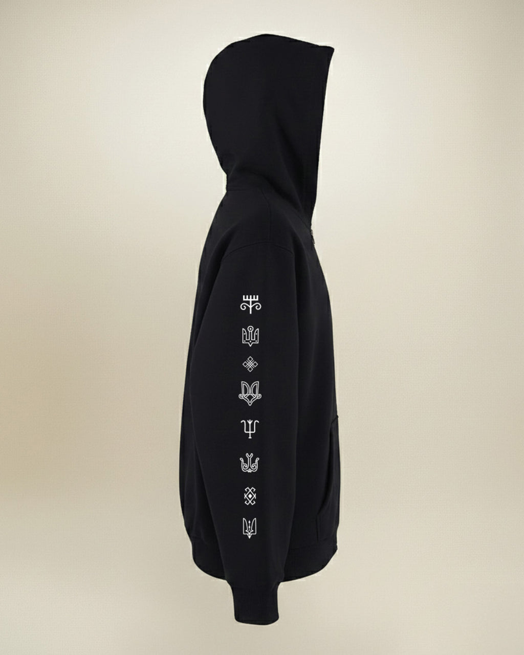 Trident Black Zip Hoodie – Chest and Sleeve Prints