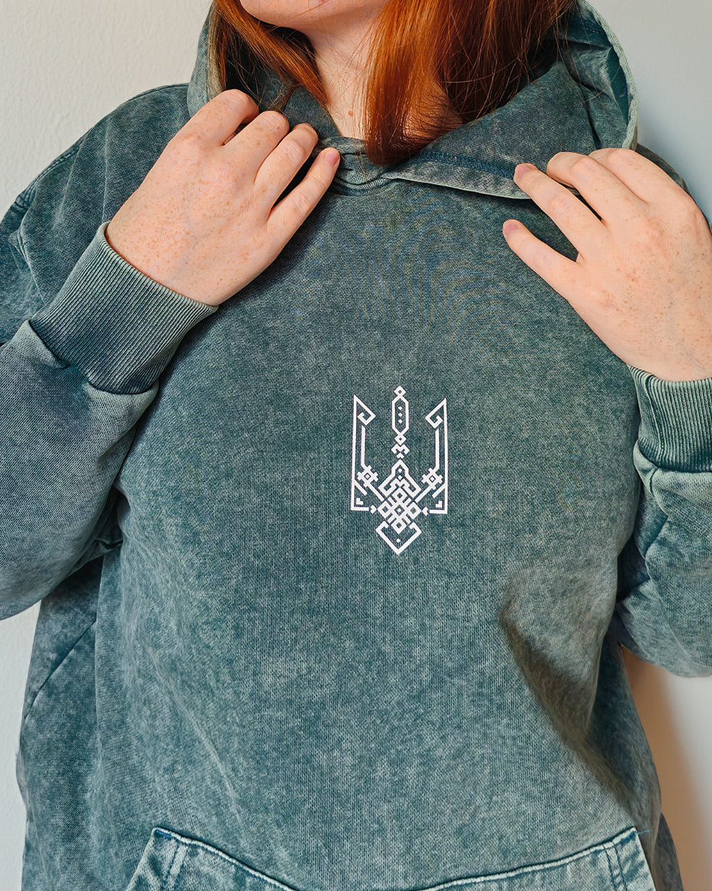 Geometric Tryzub Heavyweight Hoodie — Emerald Green Vintage Wash