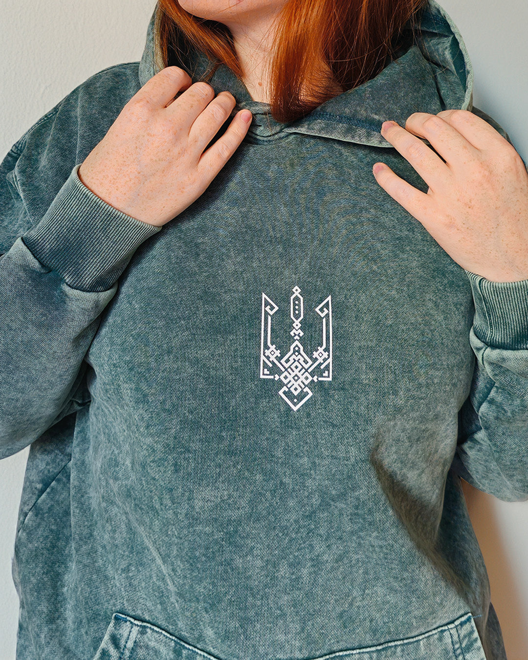 Geometric Tryzub Heavyweight Hoodie — Emerald Green Vintage Wash