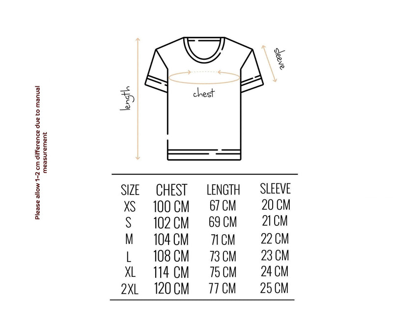 Size chart for Queen of Hearts T-shirt