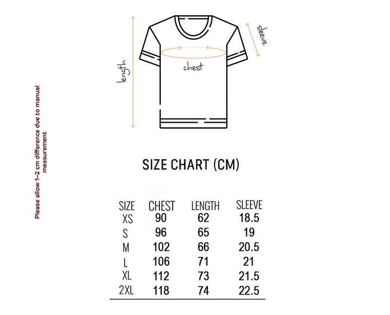 Size chart for The Lovers Tarot Card T-Shirt with Tree of Life Back Print
