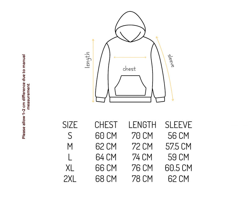 Size chart for Geometric Tryzub Heavyweight Hoodie — Emerald Green Vintage Wash