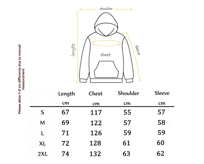 Size chart for Trident Black Zip Hoodie – Chest and Sleeve Prints
